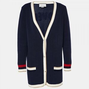 Gucci Blue Lurex Detail Contrast Trim Knit Cardigan Size Small